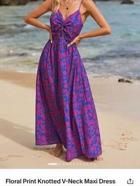 Cupshe Blue and Pink Floral Print Knotted V-Neck Maxi Dress